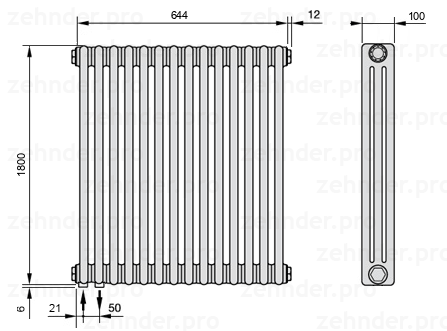 Схема (чертеж) Радиатор Zehnder Charleston 3180/14 №3370 Белый глянцевый RAL 9016